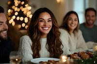Young Hispanic woman smiling at holiday dinner party with friends, wearing white knit sweater, Christmas tree lights bokeh in background, cozy festive gathering.