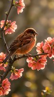 Small brown sparrow perched on flowering branch with pink blossoms in warm golden sunlight creating peaceful spring nature scene for wildlife photography.