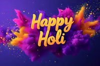 Yellow Happy Holi text on vibrant purple and pink powder cloud explosion with glowing particles against dark background. Festival celebration design.