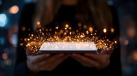 Glowing magical particles rising from digital tablet held in hands against dark background with bokeh lights, representing digital transformation and innovation.