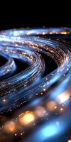 Glowing blue fiber optic cables with golden light particles creating dynamic curves against dark background for technology and communication concepts.