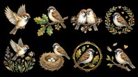 Charming sparrow clipart set with eight scenes, isolated on transparent background. Great for stickers, t-shirt design, print on demand, sublimation, and scrapbooking.