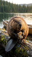 Adorable beaver sitting on log eating wood piece near lake with canoe in background during golden hour sunset in wilderness forest setting.