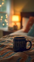 Cozy ceramic mug with geometric pattern on knitted blanket, warm bedroom atmosphere with soft lamp glow and bokeh lights from window in background.