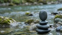 Zen stone stack balanced on riverbank with flowing water and moss-covered rocks creating peaceful meditation scene for wellness and mindfulness concepts.