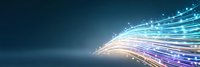 Glowing optical fiber lines with sparkles and light effects on dark blue background, modern technology and communication concept for business design.