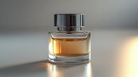 Elegant glass perfume bottle with amber liquid and metallic cap on reflective surface against soft blurred background, luxury fragrance presentation.
