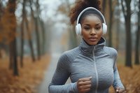 Young African American woman jogging in autumn forest wearing wireless headphones and grey athletic jacket, enjoying outdoor workout on foggy fall morning.