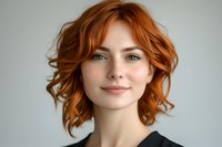 Young woman with vibrant copper red wavy hair and green eyes smiling softly against neutral gray background, wearing dark top.