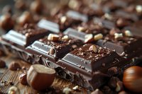 Dark chocolate bar with hazelnuts and almonds on wooden surface, macro shot with selective focus showing rich texture and nutty garnish for confectionery design.