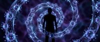 Male silhouette standing in center of glowing digital spiral with network connections and data visualization effects on dark purple background.
