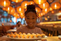 Young African American girl smiling at sushi restaurant with glowing orange lanterns creating warm ambiance, expressing joy and anticipation over Japanese cuisine plate.