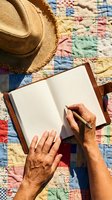 Senior woman writing in leather journal on vintage patchwork quilt with straw hat, cozy retirement lifestyle and creative hobbies at home.