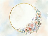 Gold circular frame adorned with watercolor florals including roses, lavender, and greenery on soft pastel background. Suitable for wedding invitations, greeting cards, and decorative designs.