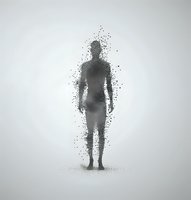 Silhouette of human figure dissolving into particles against light background, representing transformation, disintegration, or digital consciousness concept.