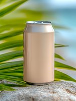 Blank aluminum beverage can on tropical stone surface with palm leaves background for product mockup and branding design projects.