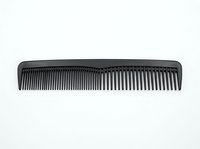 Black plastic hair comb with fine teeth, isolated on white background, ready for salon, grooming, and beauty product design applications.