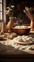 Raw dough balls on wooden board with flour, ceramic bowls and vase with white flowers in rustic kitchen setting, warm natural lighting creates cozy atmosphere.