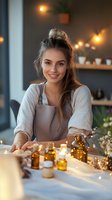 Young Caucasian woman in apron smiling while making natural cosmetics or aromatherapy products with essential oils, candles and dried flowers in cozy home workshop.
