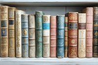 Vintage hardcover books with ornate spines in pastel colors arranged on wooden shelf, featuring decorative gold embossing and classic binding designs for literary decor.