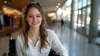 Young Caucasian woman with long brown hair and bright smile wearing white blouse sitting in modern office hallway with blurred background and natural lighting.