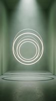 Glowing concentric circles in minimalist interior space with concrete floor and green walls, suitable for modern design, backgrounds, and contemporary art projects.