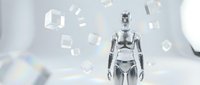 Futuristic humanoid robot standing in white digital environment with floating holographic interface elements and data cubes for technology concepts.