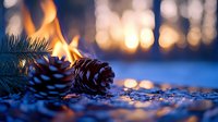 Pine cones and fir branch with burning flame on snowy ground at dusk, magical winter bokeh lights creating cozy festive atmosphere in background.