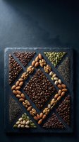 Assorted nuts and seeds arranged in geometric pattern on dark slate board creating nutritious snack display for healthy eating and cooking concepts.