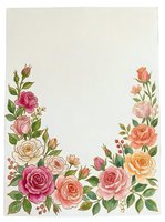 Watercolor floral border featuring pink, coral, and cream roses with green foliage on cream background. Isolated design ready for invitations, cards, and stationery projects.