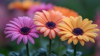 Vibrant African daisies with water droplets in pink, peach and yellow colors against blurred green background showcase fresh morning garden scene.