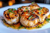 Pan-seared sea scallops with golden-brown crust in garlic butter sauce garnished with fresh herbs on white plate, close-up view showing caramelized surface.