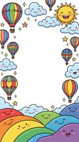 Colorful hot air balloons floating among smiling clouds, sun and rainbow with stars creating cheerful sky frame for children content and nursery decoration.