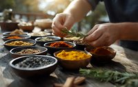 Chef adding fresh rosemary to collection of colorful spices in wooden bowls on rustic table, showcasing culinary preparation.