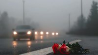 Red roses lying on wet asphalt with blurred car headlights in foggy rainy weather creating atmospheric moody scene. Concept of loss, remembrance and tragedy.