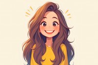Young woman with long brown wavy hair wearing yellow top smiling cheerfully against light background. Cartoon style character portrait with bright expression and dynamic pose.
