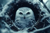 Snowy owl nestled in tree hollow during winter, white feathered bird with piercing yellow eyes resting in natural wooden cavity surrounded by frost and ice.