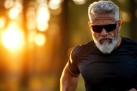 Confident mature Caucasian man with gray beard wearing sunglasses in warm golden hour light for lifestyle and fashion advertising campaigns.