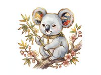 Cute koala sitting on branch surrounded by colorful autumn leaves and berries, isolated on white background for nursery decor, children's apparel and design projects.