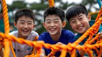 Three happy Asian boys smiling through orange ropes on playground equipment, showing friendship and joy during outdoor activities at summer camp.
