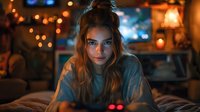 Young woman with messy bun and long wavy hair relaxing on bed at night, illuminated by warm ambient lighting and bokeh effects, creating cozy atmosphere.