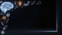 Digital brain with glowing innovation icons and empty frame on dark background for creative technology presentations and artificial intelligence concepts.