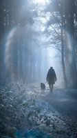 Person walking dog on misty forest path with dramatic sunbeams filtering through trees creating atmospheric winter morning scene for outdoor adventure concepts.