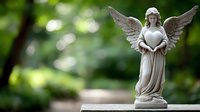 Stone angel statue holding heart in peaceful garden setting with soft natural lighting and blurred green foliage background for memorial concepts.
