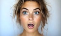 Young Caucasian woman with bright blue eyes and messy updo hairstyle expressing genuine surprise with open mouth against light background. Natural makeup and freckles.