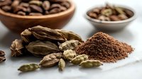 Aromatic cardamom pods and coffee beans with ground spices on white background, macro food photography showing texture and detail for culinary designs.