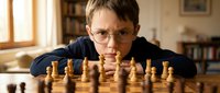 Young boy with glasses concentrating on chess game in cozy home library setting with wooden pieces on board for strategic thinking concept.
