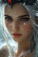 Close-up portrait of young woman with white hair and striking blue eyes in winter setting with falling snow, dramatic lighting highlights natural beauty and ethereal mood.