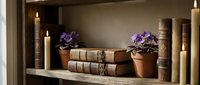 Cozy reading nook with vintage leather books, purple violets in terracotta pots and warm candles on rustic wooden shelf creating peaceful home library atmosphere.