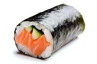 Fresh salmon and cucumber sushi roll wrapped in nori seaweed and white rice, photographed on white background with soft shadow for food menu design.